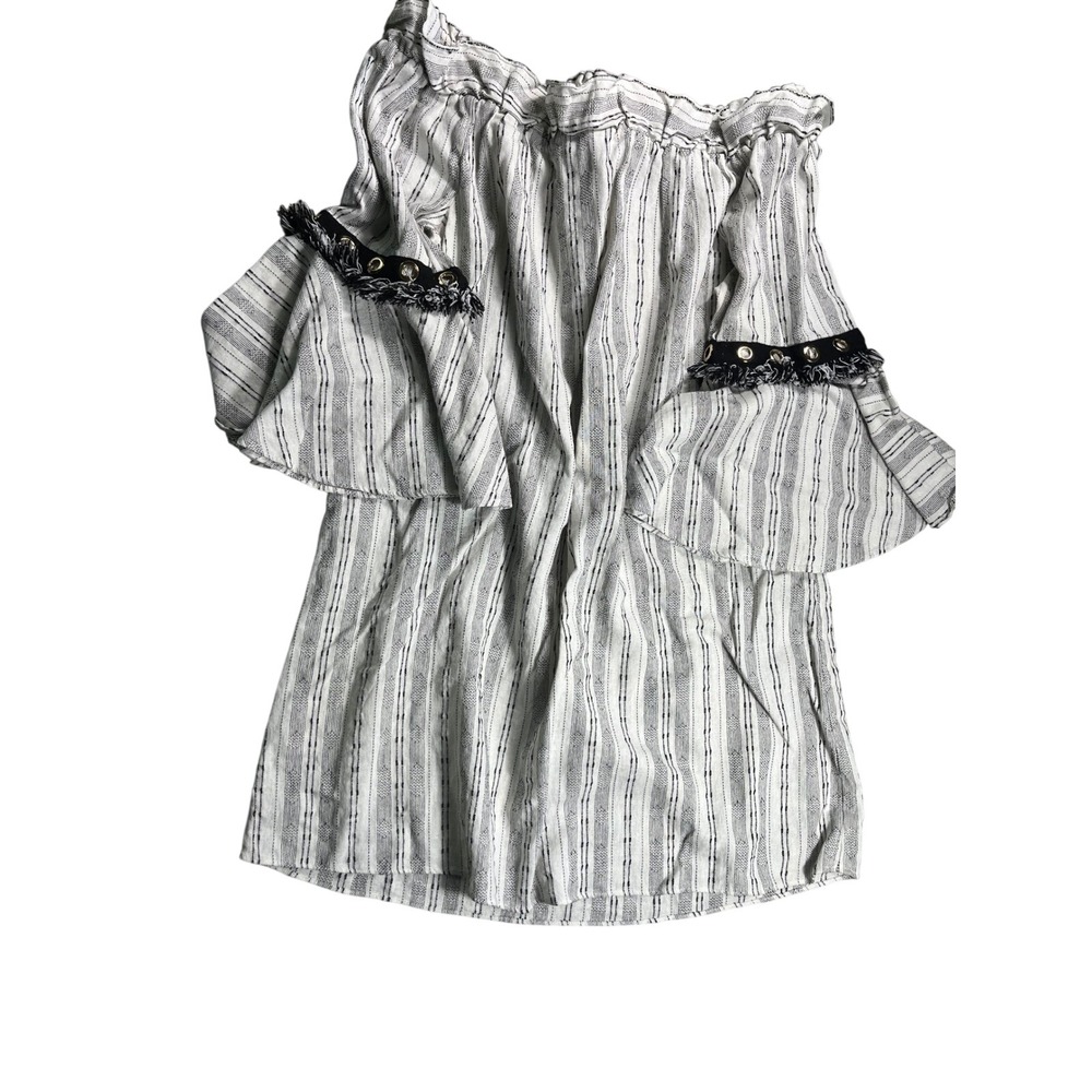 Sugar + Lips Striped Off Shoulder Dress Bell Sleeve Fringe Grommet Boho Large
